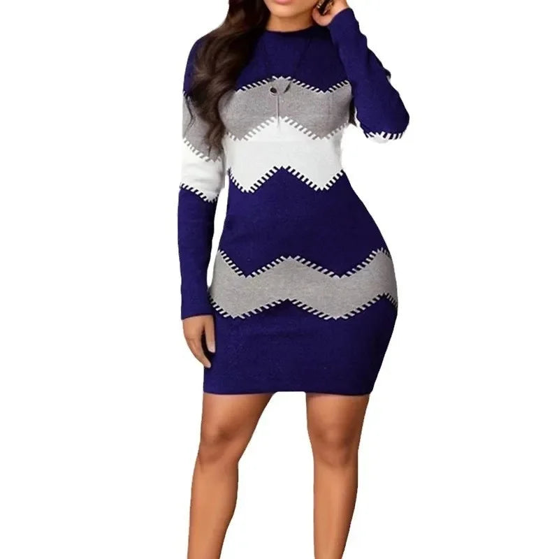 Women's Mid-Length Short Dress round Neck Long Sleeve Printed Knitted Wrap Body Dress Fashionable Chinese Style Clothing