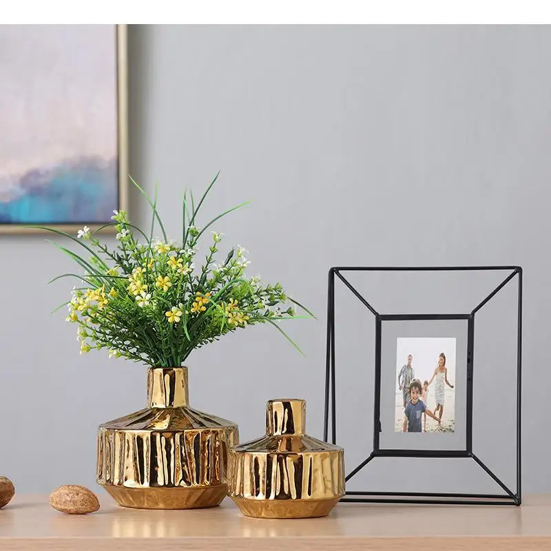 Golden Ceramic Stripe Vase – Elegant Modern Home Accessories for Stylish Décor