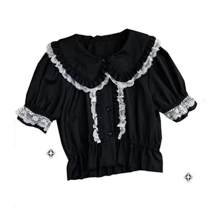 Kawaii Women Shirts Lolita Y2K Cute Japanese Style Blouse Elegant Long Sleeve Sweet Lace Off-Shoulder Aesthetic Shirt Tops