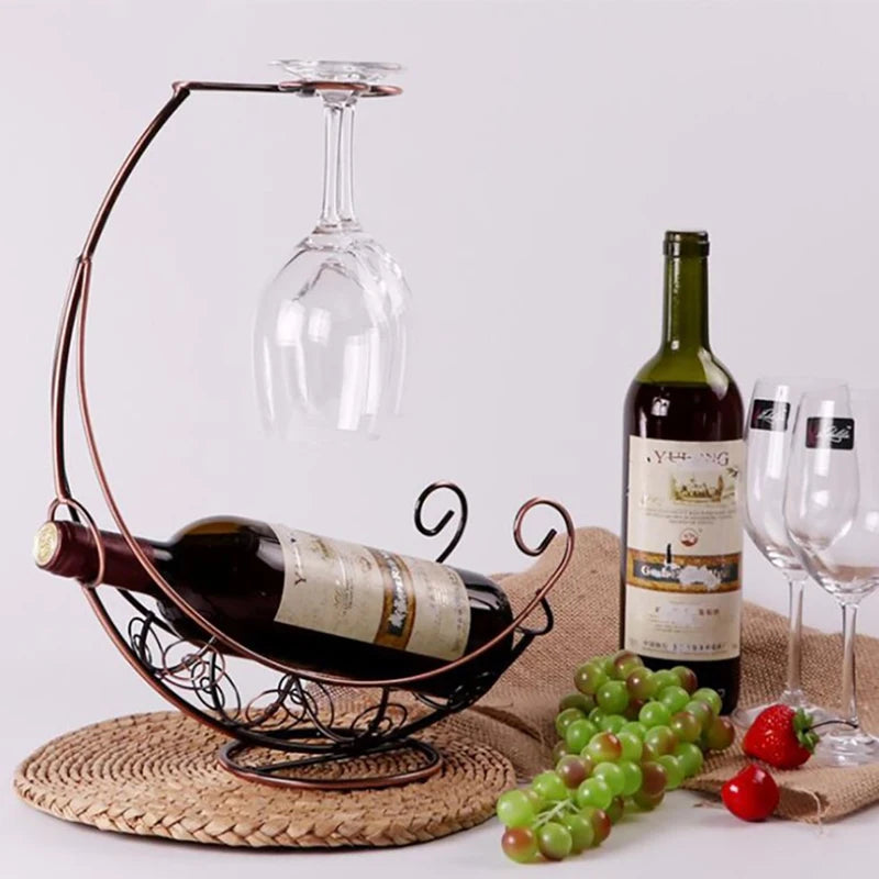 Unique Home Decor: Creative Metal Wine Rack with Hanging Glass Holder – Perfect for Bar and Dining Spaces