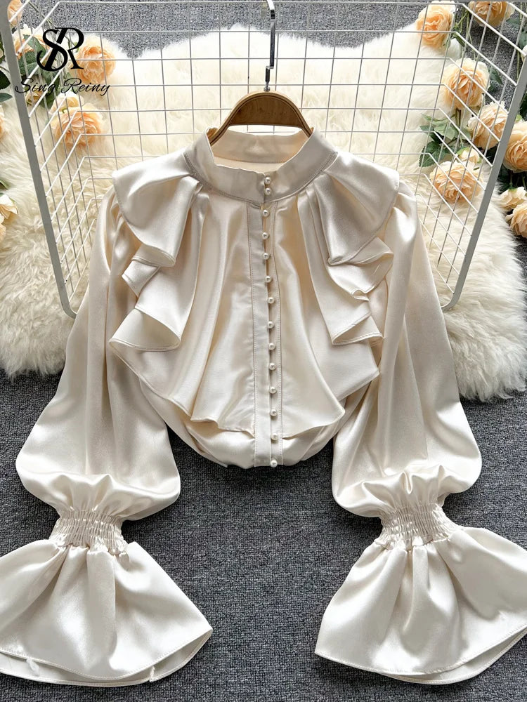 SINGREINY High Quality Satin Loose Shirt Long Flared Sleeves Ruffles O Neck Beading Women Gentle Office Lady Casual Blouse