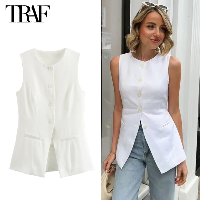 White Sleeveless Vest Women Button Summer Vests for Women Jackets Pink Vest Top Women Streetwear Women's Tailored Vest