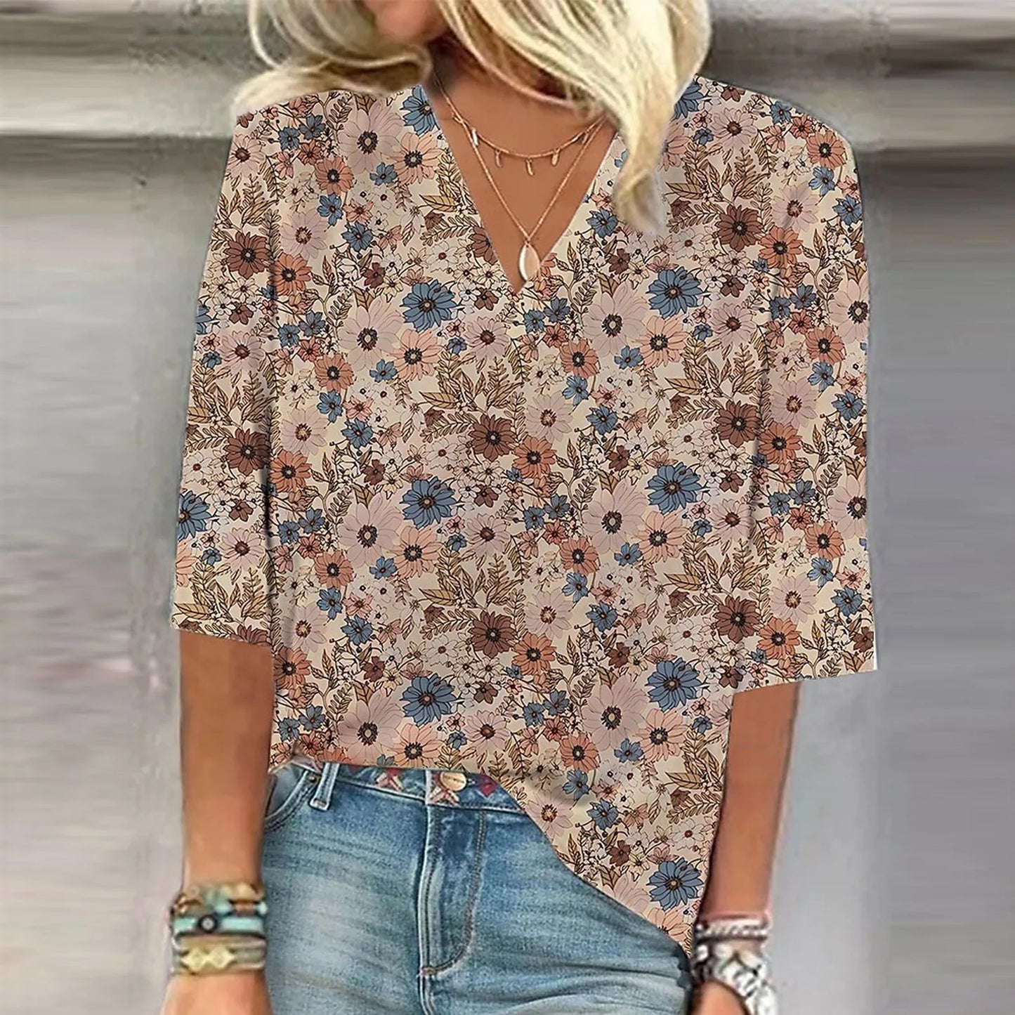 Women's Shirt Blouse Loose Shirts 3/4 Sleeve Print V Neck Tops Print Tops T-shirts Tee Tops for Women Womens Tops and Blouses