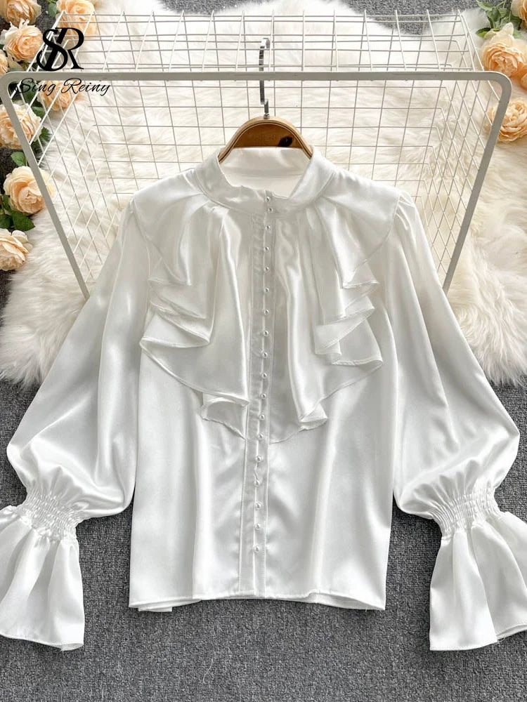 SINGREINY High Quality Satin Loose Shirt Long Flared Sleeves Ruffles O Neck Beading Women Gentle Office Lady Casual Blouse