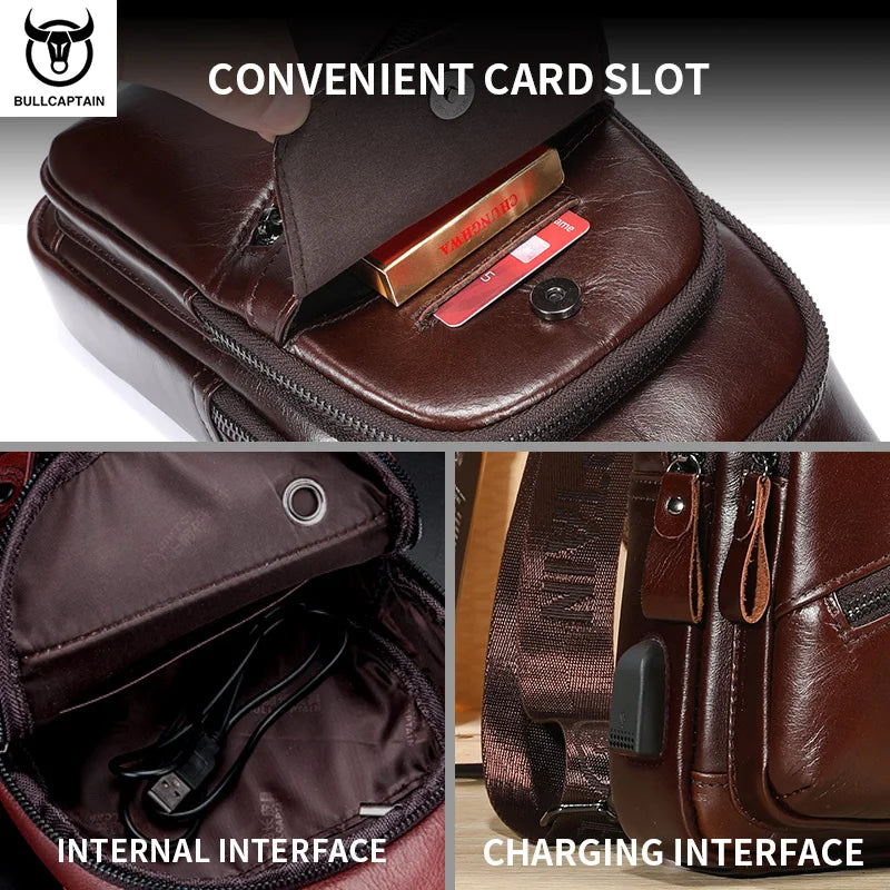 BULLCAPTAIN The Latest Men's Leather Chest Bag Large Capacity Casual Men's Messenger Bag Classic Leather Chest Bag XB 127