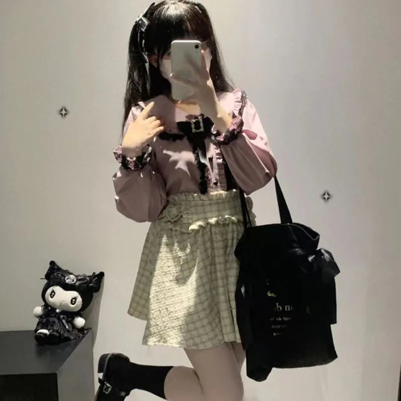 Kawaii Women Shirts Lolita Y2K Cute Japanese Style Blouse Elegant Long Sleeve Sweet Lace Off-Shoulder Aesthetic Shirt Tops