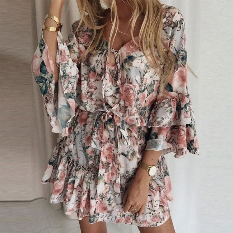 Elegant Chiffon Pink Mini Dress For Women Autumn Printing Slimming Cotton Pullover Mid Waist European And American Style