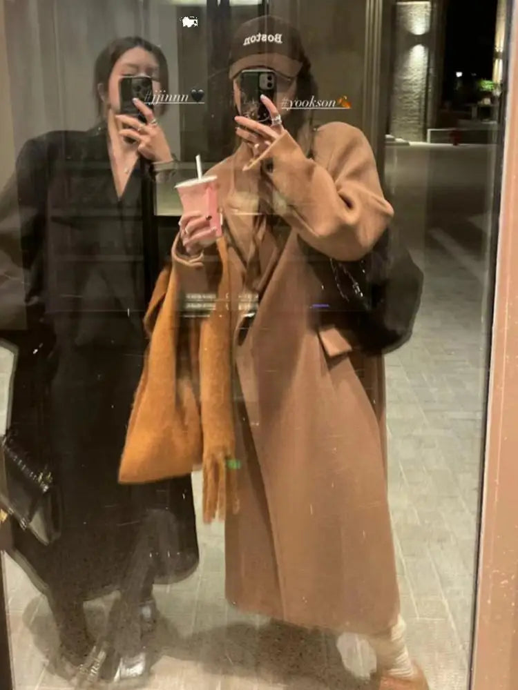 Handmade Office Lady Double-Breasted Woolen Alpaca Jackets 2024 Autumn And Winter Lace Up Loose Long Women's Wool Coats