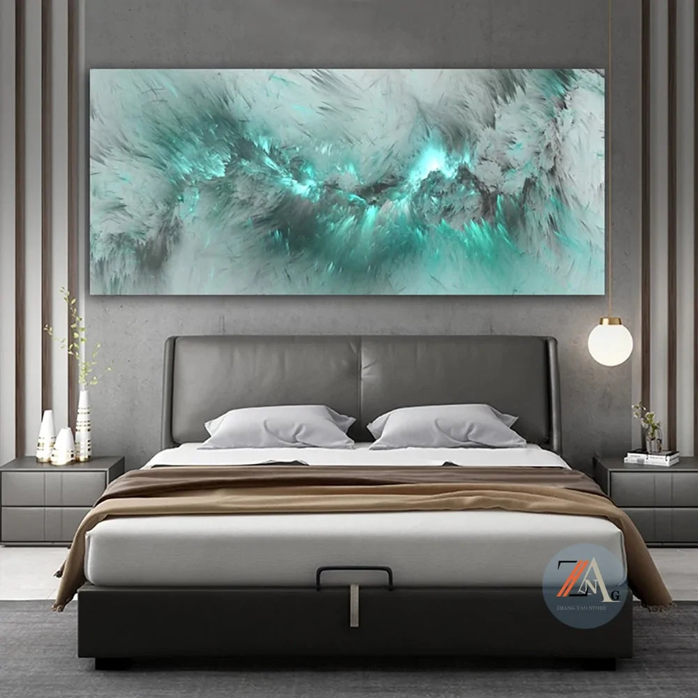 Transform Your Space with Modern Abstract Oil Painting Canvas | Light Green Blue Geometric Clouds
