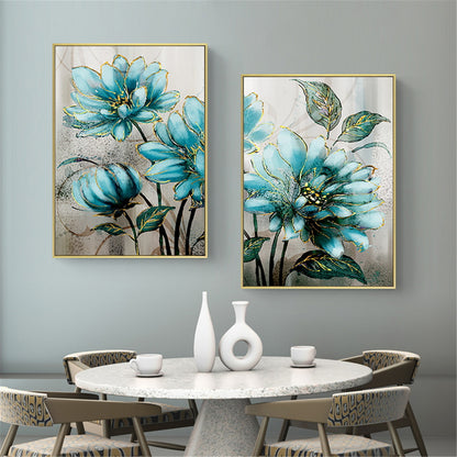 Luxurious Blue Flowers Golden Lace Canvas Wall Art - Modern Nordic Decor for Living Rooms