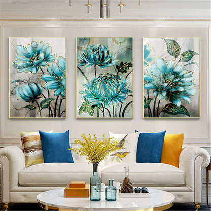 Luxurious Blue Flowers Golden Lace Canvas Wall Art - Modern Nordic Decor for Living Rooms