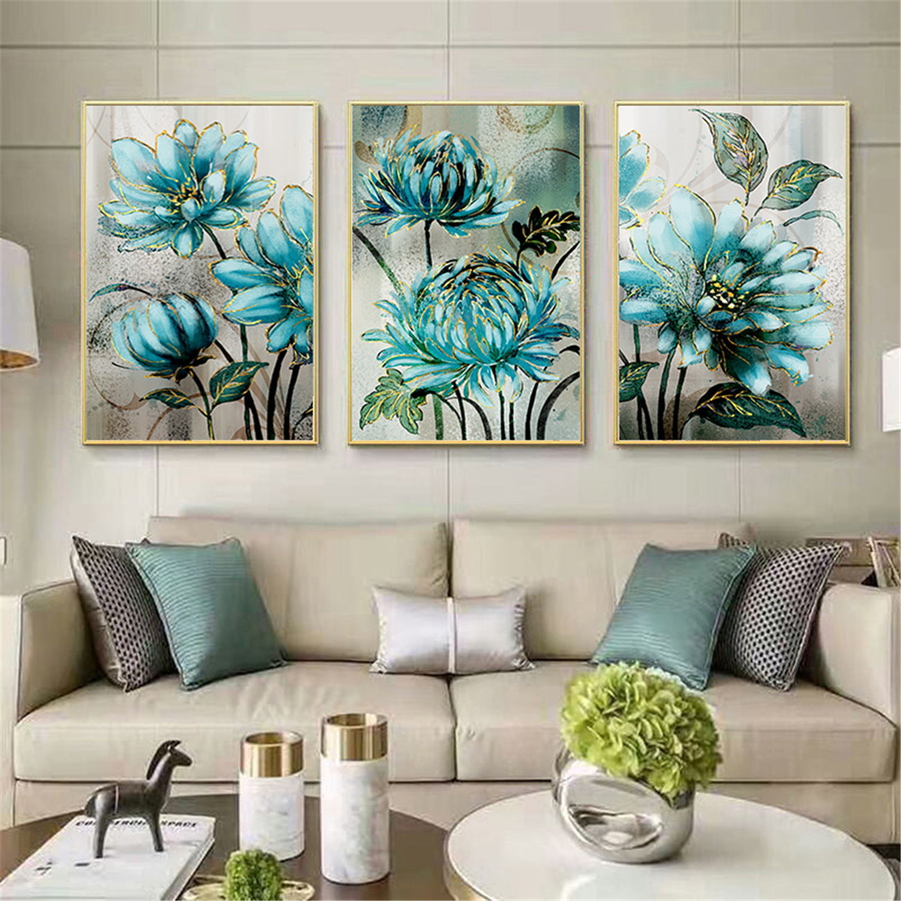 Luxurious Blue Flowers Golden Lace Canvas Wall Art - Modern Nordic Decor for Living Rooms