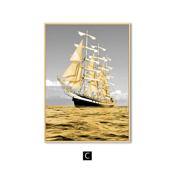 Exquisite Golden Ocean Landscape Multi-Panel Canvas Art - Dolphin and Sailboat Posters for Modern Home Decor