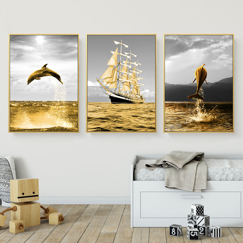 Exquisite Golden Ocean Landscape Multi-Panel Canvas Art - Dolphin and Sailboat Posters for Modern Home Decor