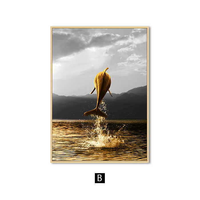 Exquisite Golden Ocean Landscape Multi-Panel Canvas Art - Dolphin and Sailboat Posters for Modern Home Decor