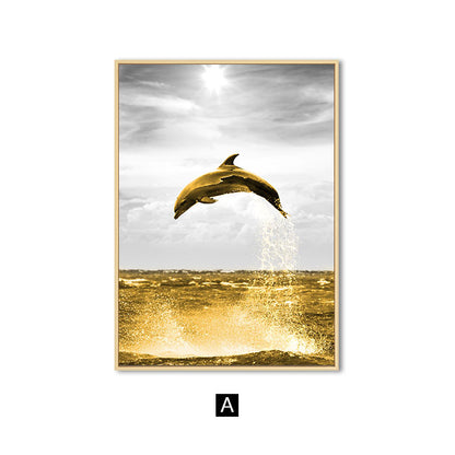 Exquisite Golden Ocean Landscape Multi-Panel Canvas Art - Dolphin and Sailboat Posters for Modern Home Decor