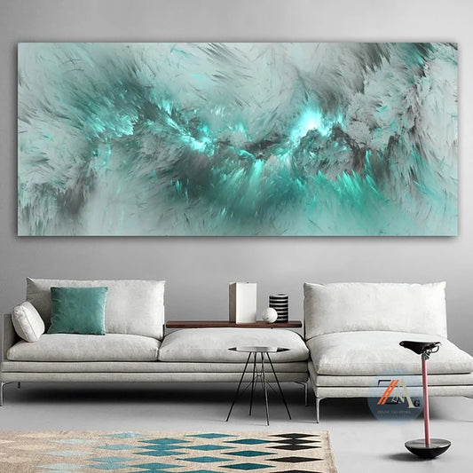 Transform Your Space with Modern Abstract Oil Painting Canvas | Light Green Blue Geometric Clouds