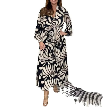Spring Summer Hot Sale Of The Season Casual Ladies Print Loose Fit V-neck Knee-length Dress Wide Sleeve Women's Fashion Cross-bo