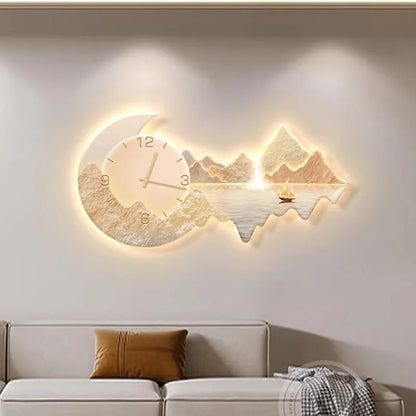 Luxury Modern Wall Clock with Moonlit Landscape - Stunning Multi-Panel Wall Art