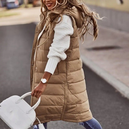 Women Winter Vest Coat Padded Solid Color Sleeveless Hooded Mid Length Slim Fit Zipper Hem Pockets Lady Long Winter Waistcoat