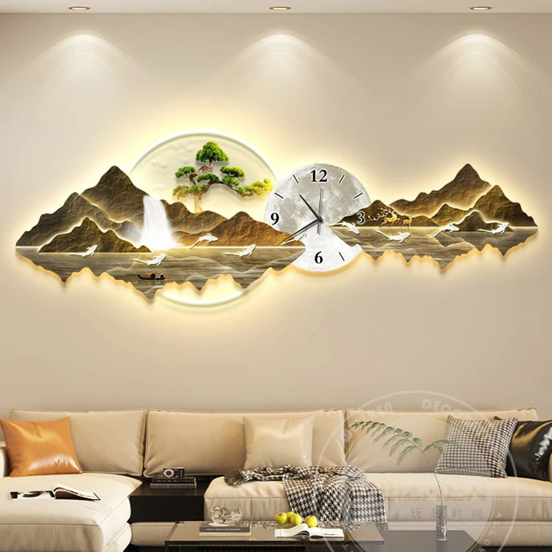 Luxury LED Wall Clock with Artistic Mural - Modern Multi-Panel Wall Art for Living Room