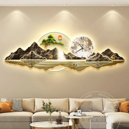 Luxury LED Wall Clock with Artistic Mural - Modern Multi-Panel Wall Art for Living Room