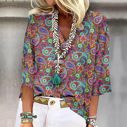 Women's Shirt Blouse Loose Shirts 3/4 Sleeve Print V Neck Tops Print Tops T-shirts Tee Tops for Women Womens Tops and Blouses