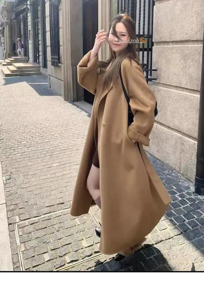 Handmade Office Lady Double-Breasted Woolen Alpaca Jackets 2024 Autumn And Winter Lace Up Loose Long Women's Wool Coats