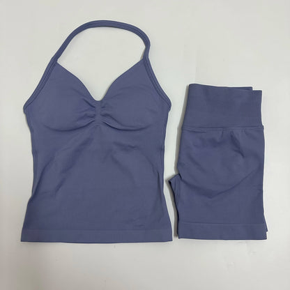 2 Pieces Women Yoga Set Seamless Yoga Longline Strappy Tank Top Scrunch Sports Shorts Gym Clothes Woman Summer Workout Outfit