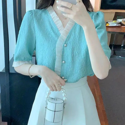 Ruffled Sweet Chiffon Shirt French Style Slimming Fresh Short Sleeve Top