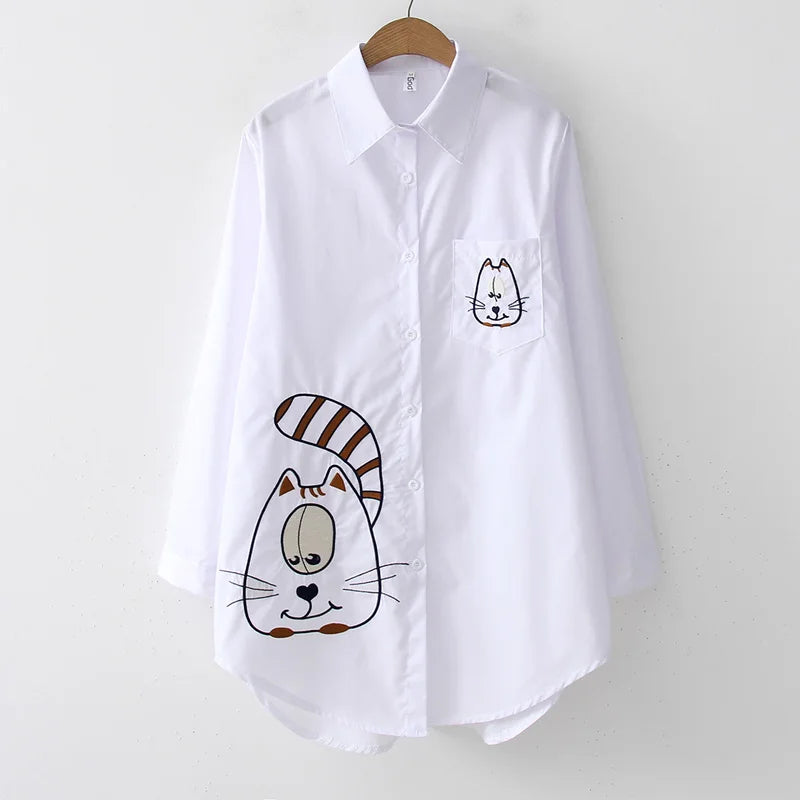 New White Shirt Casual Button Up Turn Down Collar Female Blouse Long Sleeve Cotton Blouse Embroidery Blouse Lady 5083 50