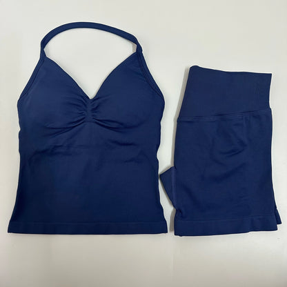 2 Pieces Women Yoga Set Seamless Yoga Longline Strappy Tank Top Scrunch Sports Shorts Gym Clothes Woman Summer Workout Outfit