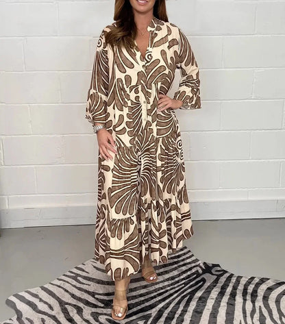 Spring Summer Hot Sale Of The Season Casual Ladies Print Loose Fit V-neck Knee-length Dress Wide Sleeve Women's Fashion Cross-bo