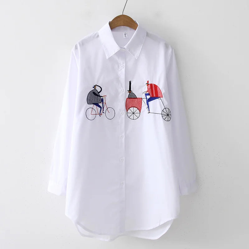 New White Shirt Casual Button Up Turn Down Collar Female Blouse Long Sleeve Cotton Blouse Embroidery Blouse Lady 5083 50