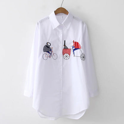New White Shirt Casual Button Up Turn Down Collar Female Blouse Long Sleeve Cotton Blouse Embroidery Blouse Lady 5083 50