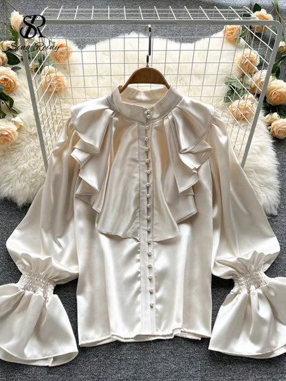 SINGREINY High Quality Satin Loose Shirt Long Flared Sleeves Ruffles O Neck Beading  Women Gentle Office Lady Casual Blouse