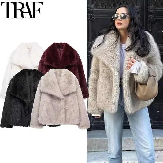 TRAF Woman Autumn Winter Faux Fur Coat Plush Fluffy Women's Jacket New in Outerwears White Red Gray Black Wool Blends Coats