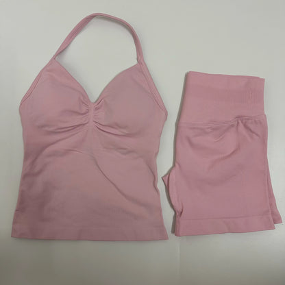 2 Pieces Women Yoga Set Seamless Yoga Longline Strappy Tank Top Scrunch Sports Shorts Gym Clothes Woman Summer Workout Outfit