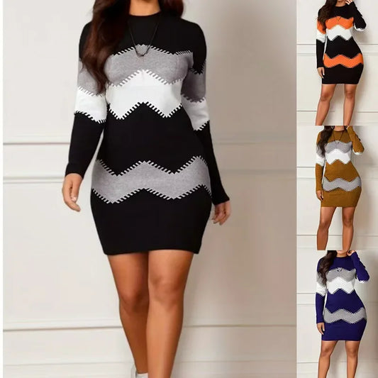 Women's Mid-Length Short Dress round Neck Long Sleeve Printed Knitted Wrap Body Dress Fashionable Chinese Style Clothing
