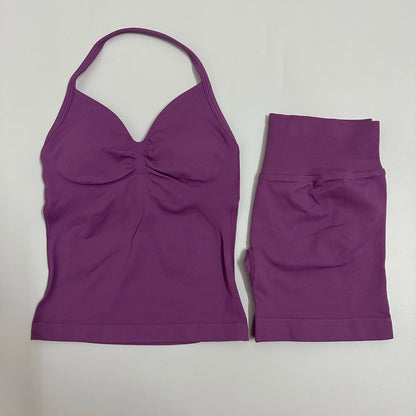 2 Pieces Women Yoga Set Seamless Yoga Longline Strappy Tank Top Scrunch Sports Shorts Gym Clothes Woman Summer Workout Outfit