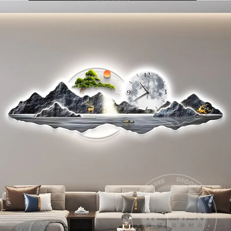 Luxury LED Wall Clock with Artistic Mural - Modern Multi-Panel Wall Art for Living Room