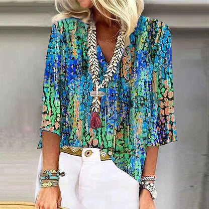Women's Shirt Blouse Loose Shirts 3/4 Sleeve Print V Neck Tops Print Tops T-shirts Tee Tops for Women Womens Tops and Blouses