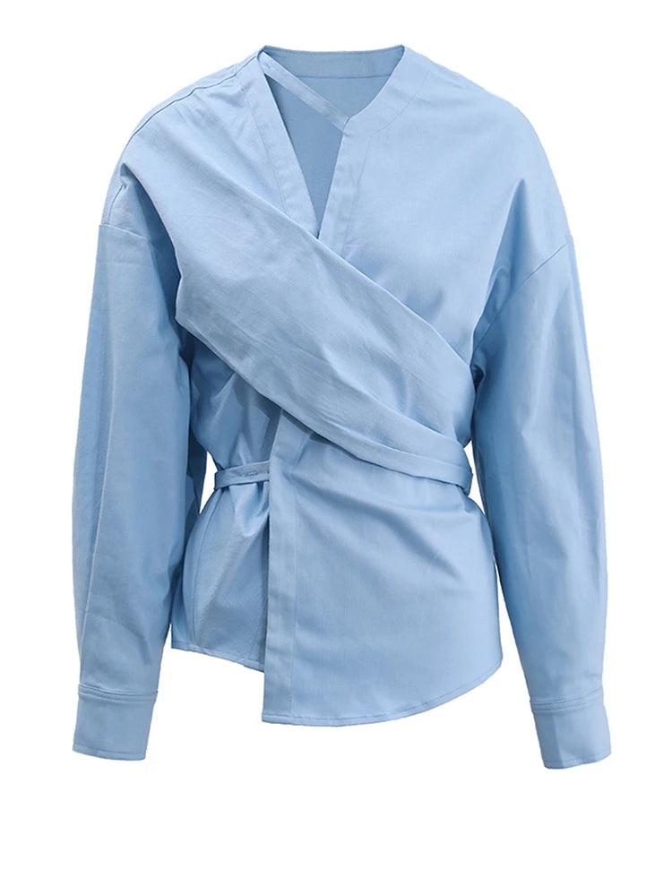 [EAM] Women Light Yellow Irregular Corss Big Size Elegant Blouse New V-neck Long Sleeve Shirt Fashion Spring Autumn 2025