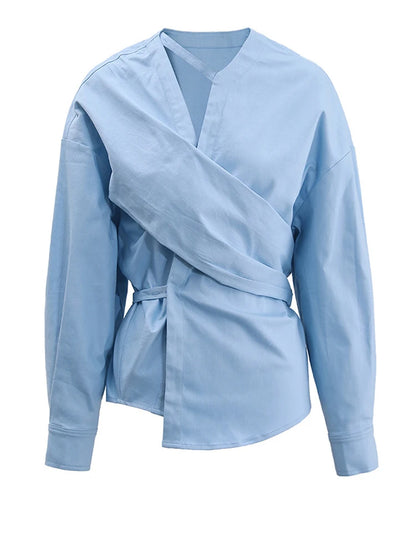 [EAM] Women Light Yellow Irregular Corss Big Size Elegant Blouse New V-neck Long Sleeve Shirt Fashion Spring Autumn 2025