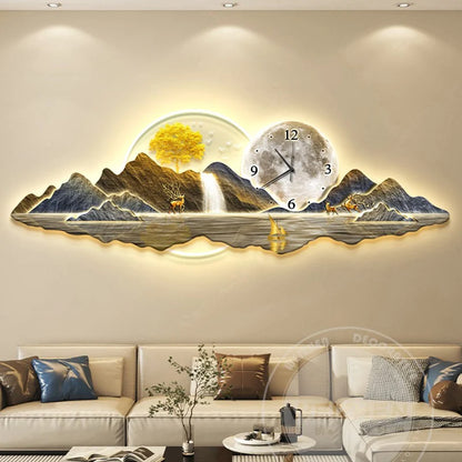 Luxury LED Wall Clock with Artistic Mural - Modern Multi-Panel Wall Art for Living Room