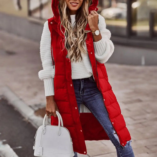 Women Winter Vest Coat Padded Solid Color Sleeveless Hooded Mid Length Slim Fit Zipper Hem Pockets Lady Long Winter Waistcoat