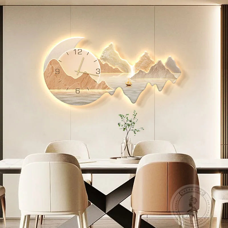 Luxury Modern Wall Clock with Moonlit Landscape - Stunning Multi-Panel Wall Art