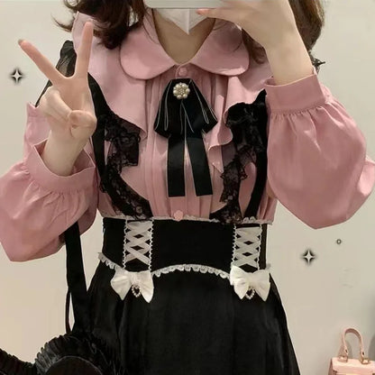 Kawaii Women Shirts Lolita Y2K Cute Japanese Style Blouse Elegant Long Sleeve Sweet Lace Off-Shoulder Aesthetic Shirt Tops