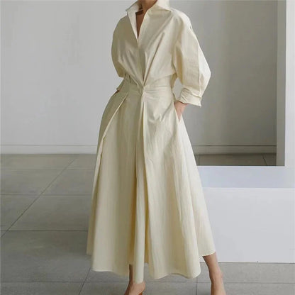 Fashionable Large Size Polo Collar Nine Sleeve Loose A- Line Dress Commute Elegant Swing Skirt Chinese Style Women's Dress