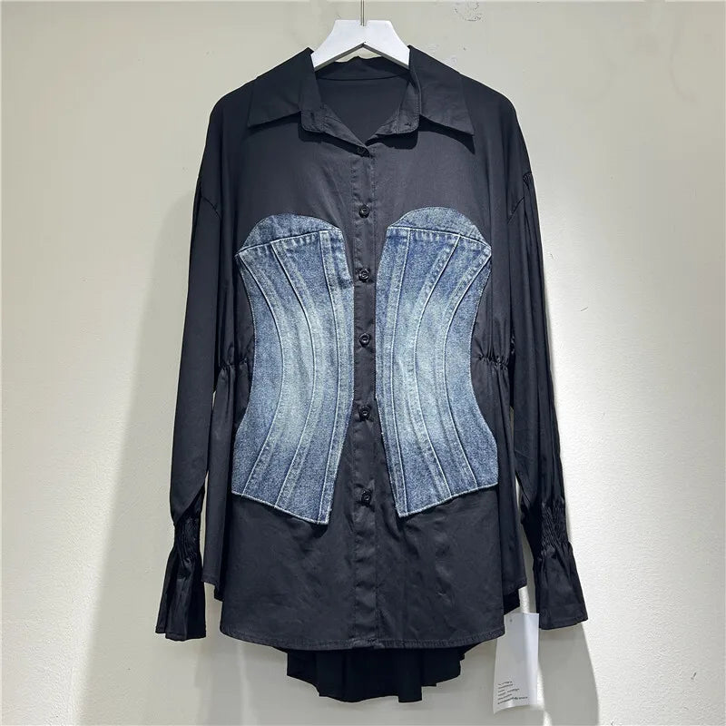 [EWQ] Korean Fashion Denim Patchwork Long Sleeve Striped Blouse Slim Single Breasted Temperament Women Shirt Spring 2025 Autumn
